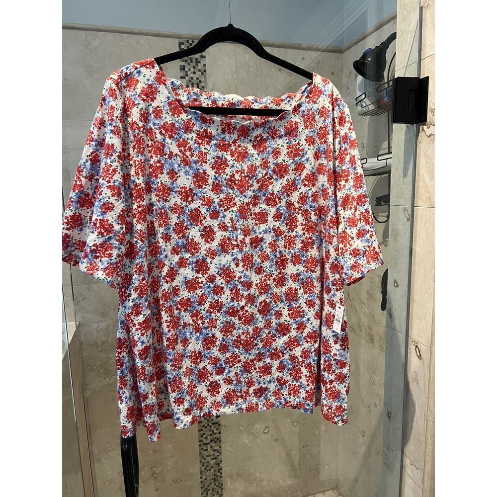 Talbots Women 3X Floral Pima Cotton Scalloped Boat Neck Tunic Red White Blue NWT